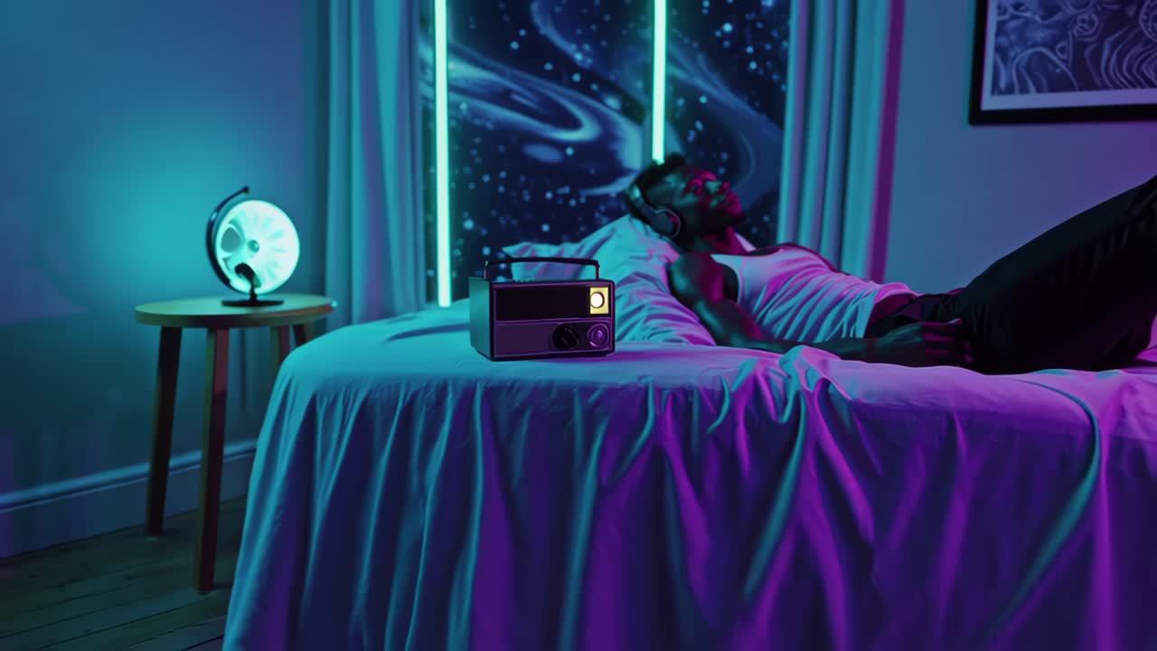 네온 불빛으로 조명된 침실에서 휴식을 취하는 남자