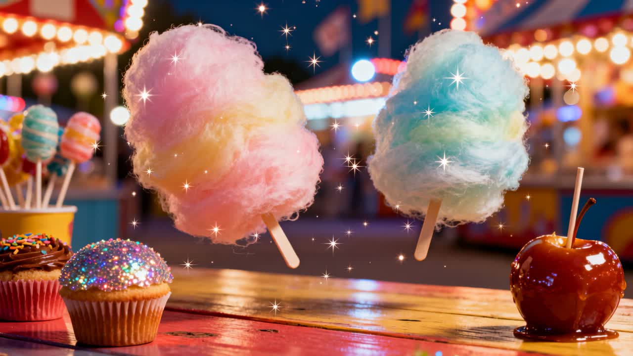 Stelle scintillanti che fanno fluttuare nuvole di zucchero filato accoppiate sopra un bancone di legno in fiera, con dei cupcake.