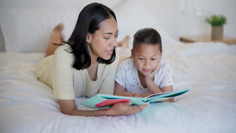 mother and daughter reading together on a bed