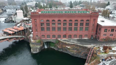 establishing aerial view of the washington water power building in downtown spokane