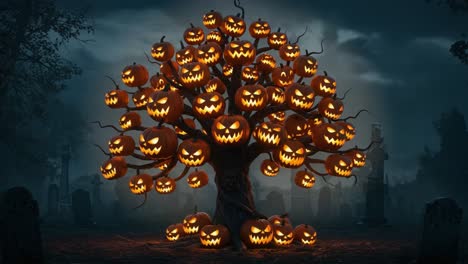 a spooky illuminated tree of grinning pumpkins in a creepy graveyard setting, perfectly evoking the halloween spirit with a haunting atmosphere and eerie twilight background
