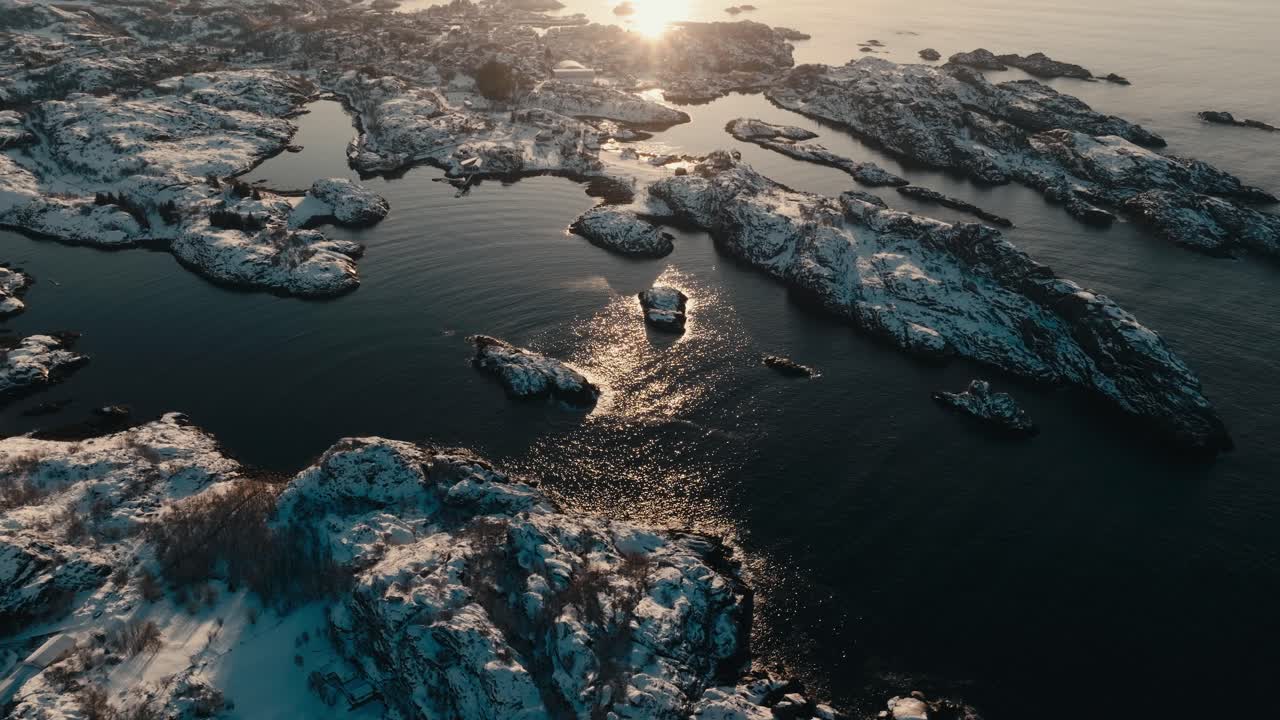 Rocky Islands Near Campsite At Sunset In Skarungen, Kabelvag, Norway. Aerial Shot
