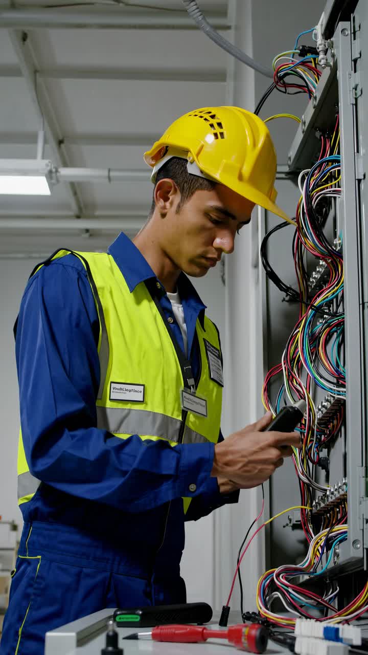 A mid-angle video captures an electrician in a hard hat and safety vest working on a complex