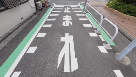 the characters "tomare" (stop) written in white on a road, along with the road sign. a common scene in a japanese cityscape