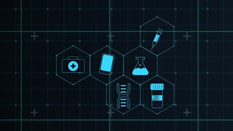 animation of grid with medical icons and data processing on black background