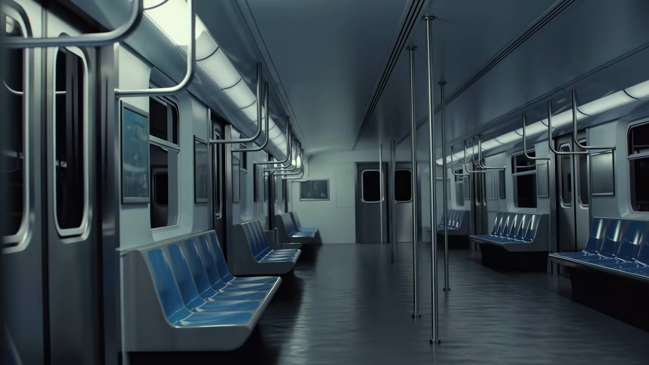 Silenziosa cabina moderna di un treno sotterraneo con sedili in plastica blu, pali di metallo, porte chiuse e pavimento riflettente vista dal corridoio centrale sotto una luce fredda e fioca