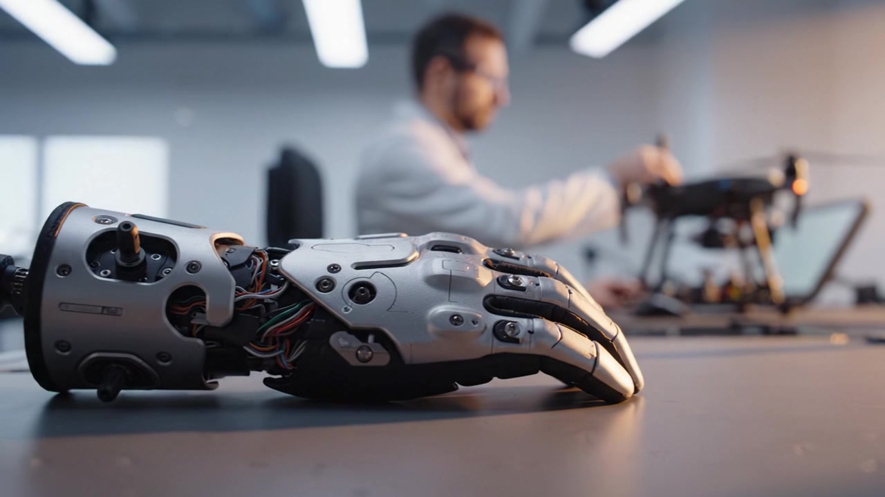 Innovativt samarbejde mellem robotteknologi og menneskelig intelligens: Udviklingen af avancerede proteser og droner inden for moderne teknologiforskning.