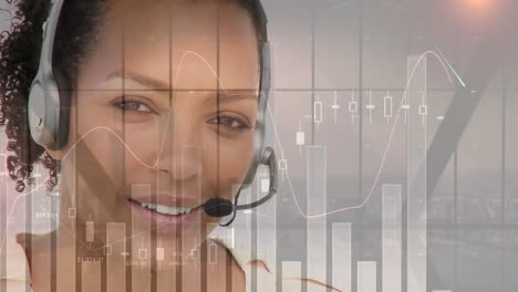 Animation-of-financial-and-statistic-data-processing-over-businesswoman-wearing-phone-headset