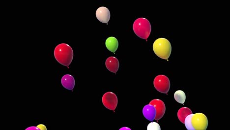 Wunderschöne,-Farbenfrohe,-Glänzende-Luftballons,-Die-Sich-Drehen-Und-Hochfliegen-Und-Auf-Schwarzem-Hintergrund-3D-Animation-Hinterlassen