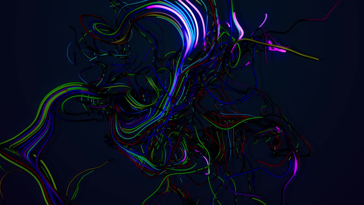 Multicolor flash of curved lines. Concept of neural network, artificial intelligence.Running neon lights like garland or lightnings. AI signals. 4k abstract looped bg. Luma matte as alpha channel