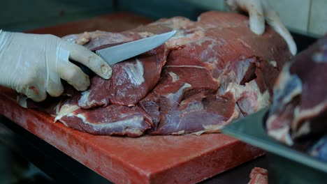 Chef-cuts-raw-meat-with-knife