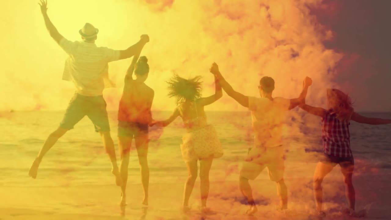 animación de un grupo de amigos tomados de la mano y saltando juntos en la orilla del mar con nubes naranjas.