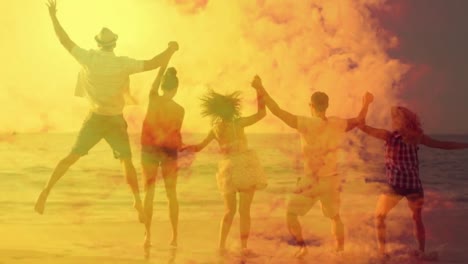 animation of a group friends holding hands and jumping together by seaside with orange clouds.