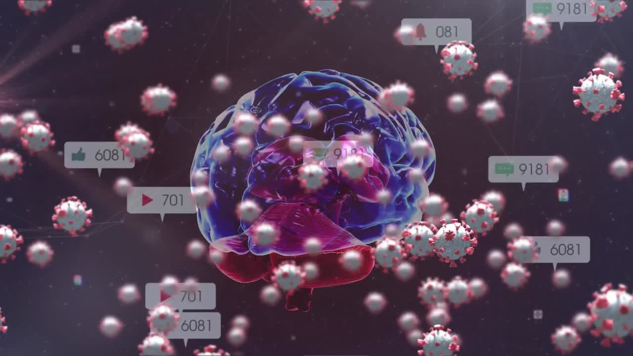 인간의 뇌가 회전하고 소셜 미디어 아이콘이 있는 코로나19 세포의 애니메이션