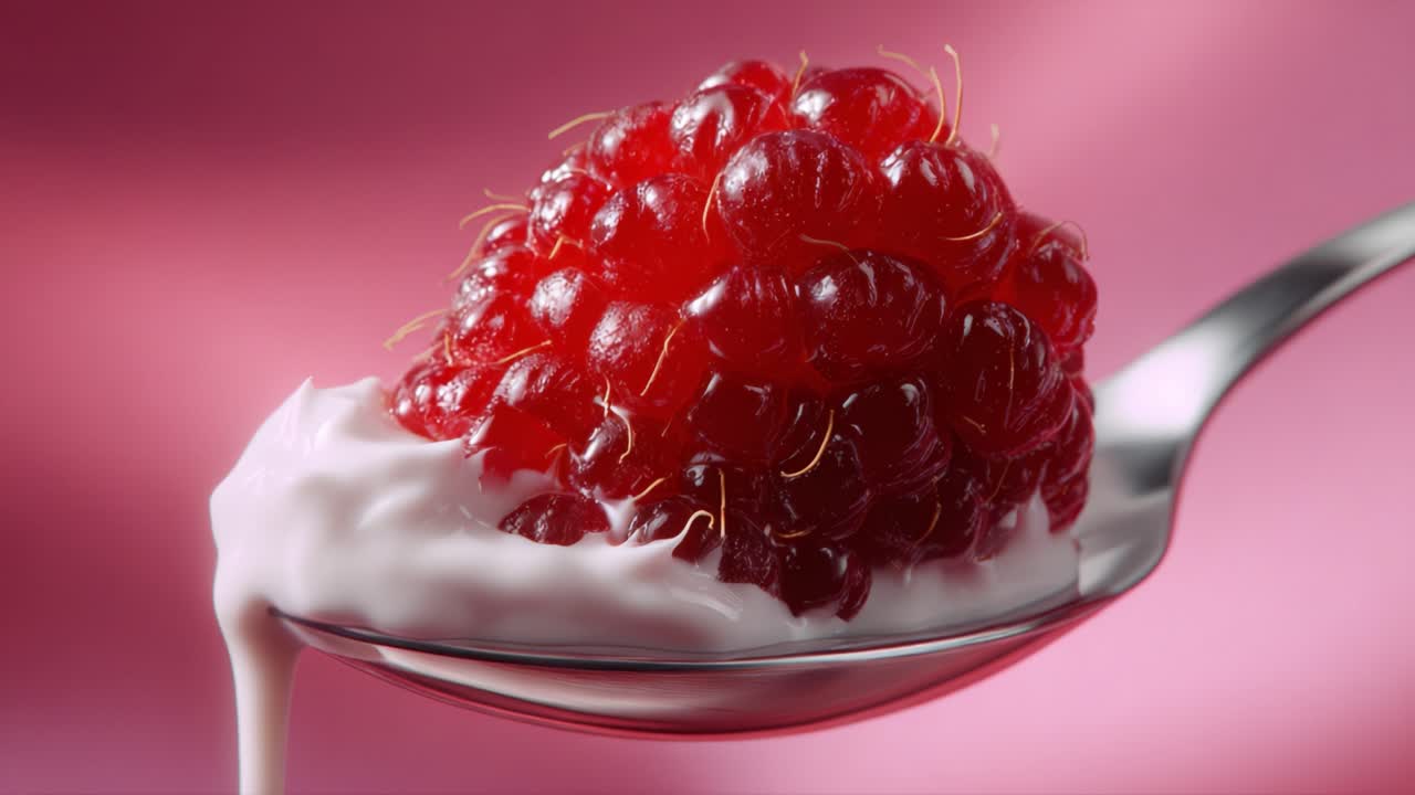 Close-Up of a Fresh Raspberry Balanced on a Spoonful of Delicious Creamy Yogurt Against a Soft Pink Background Captured in High-Detail Photography