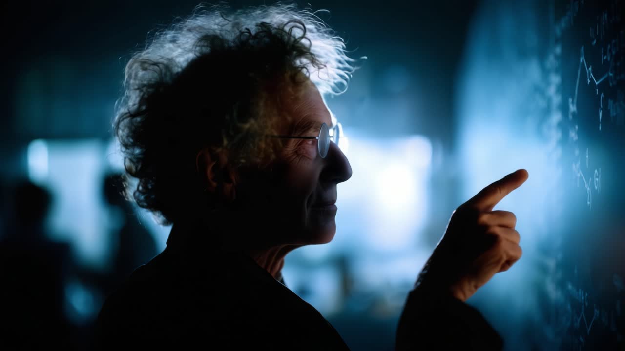 A contemplative thinker analyzes complex equations illuminated by soft lighting, visually engaging with the world of science and intellectual discovery