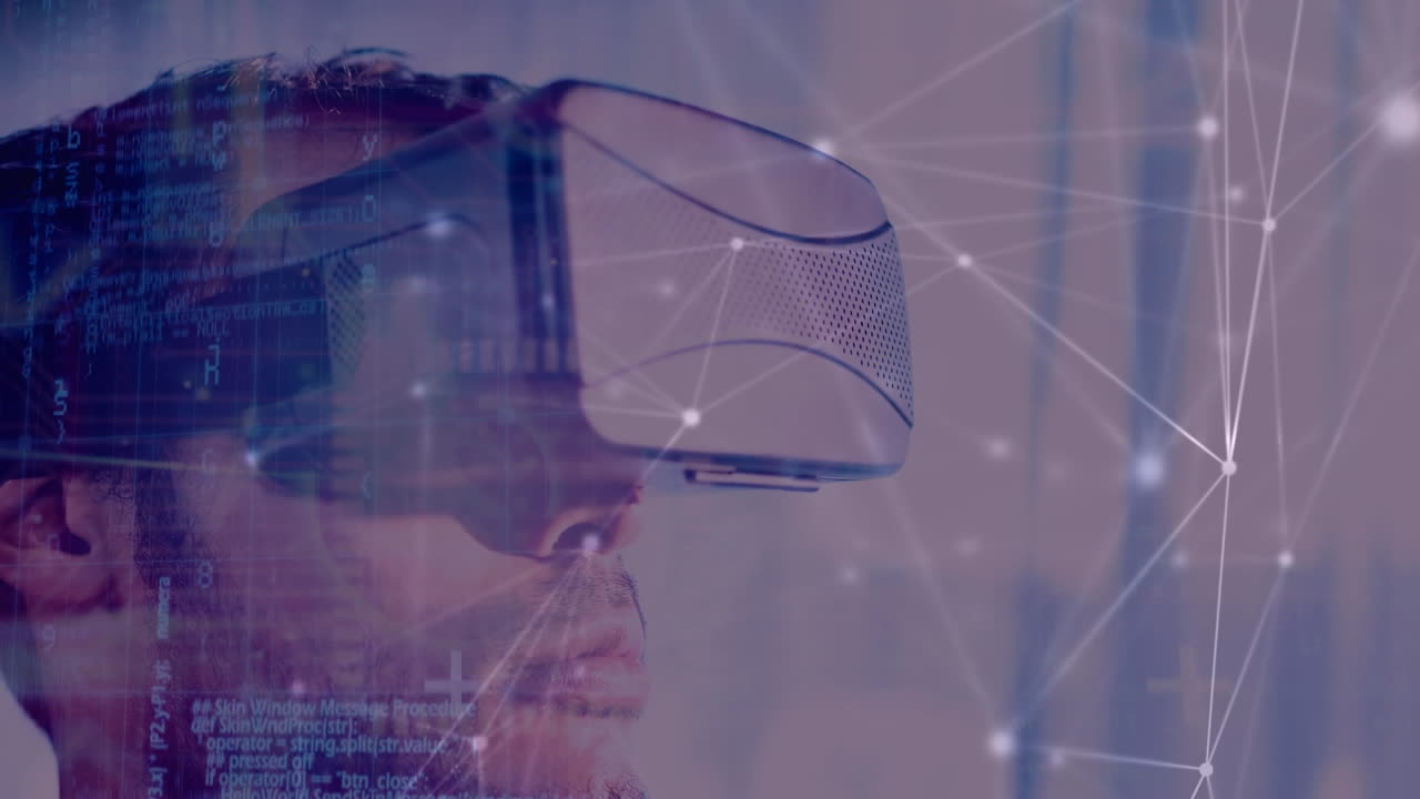 Animazione di una rete di connessioni su un uomo d'affari che indossa un visore VR