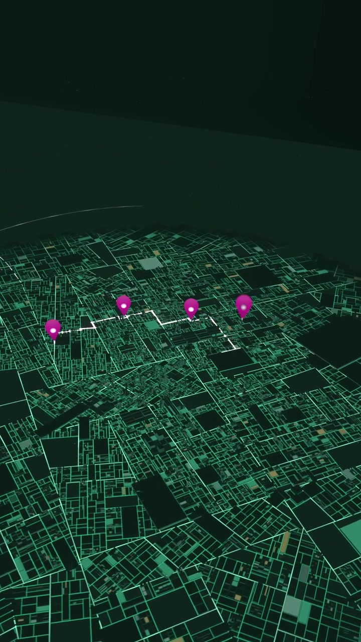 Vertical video: Starting radial reveal, magenta pins popping up revealing white route on neon grid