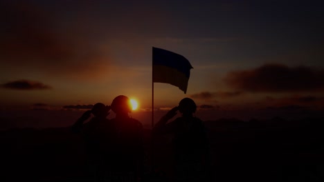 silhouette of a soldier with the ukraine flag stands against the background of a sunset or sunrise. concept of national holidays. commemoration day