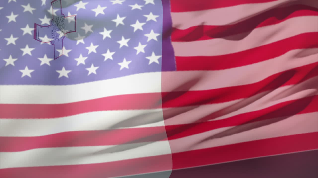 United States flag being animated in 3D render, waving across frame with medal overlay