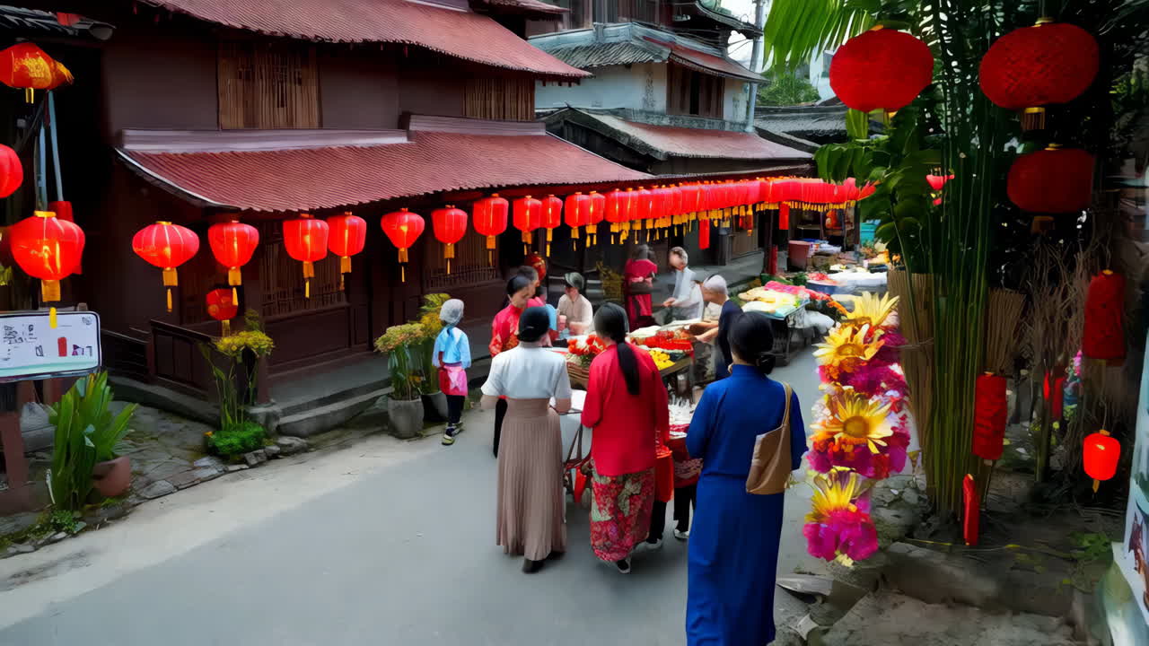 Vibrant Asian Market Scene with Red Lanterns