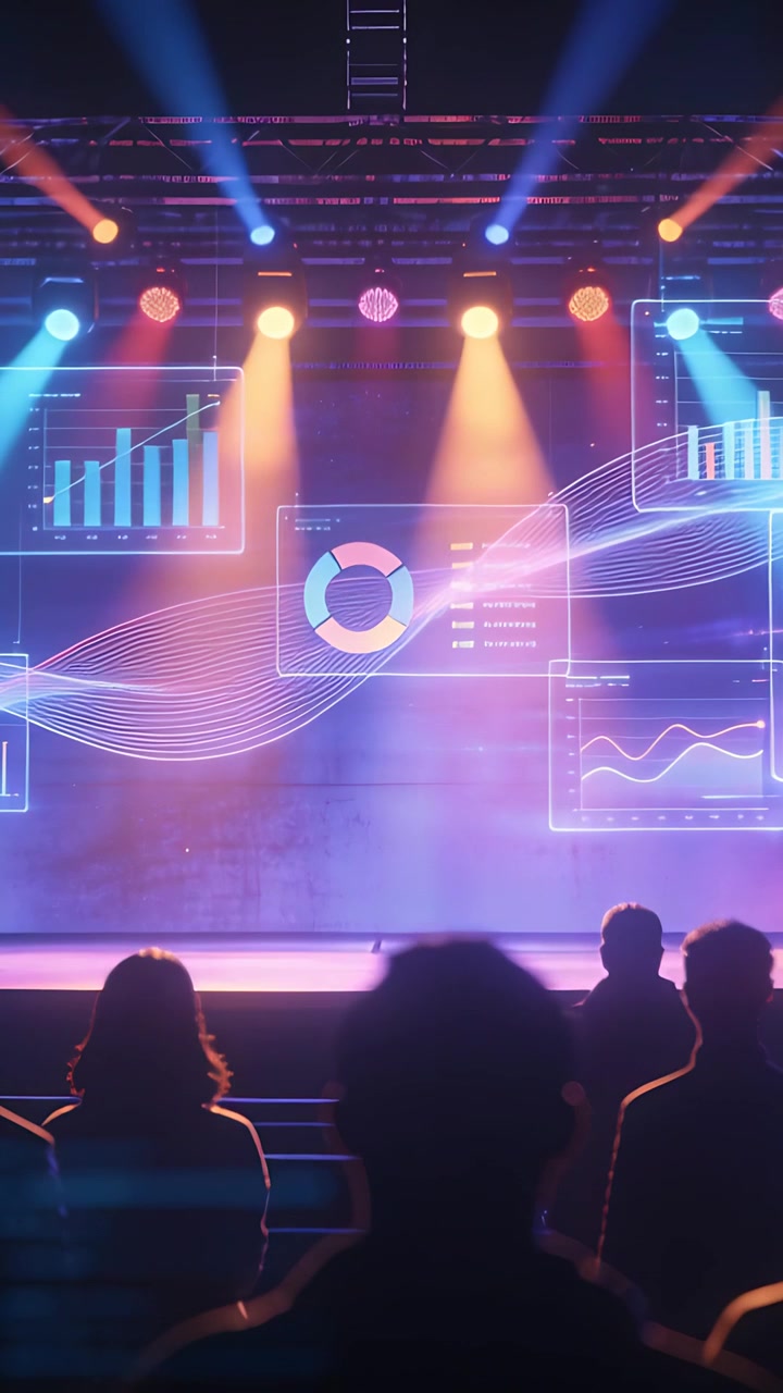 Vertical video: Starting show stage lights animating donut chart in venue highlighting data