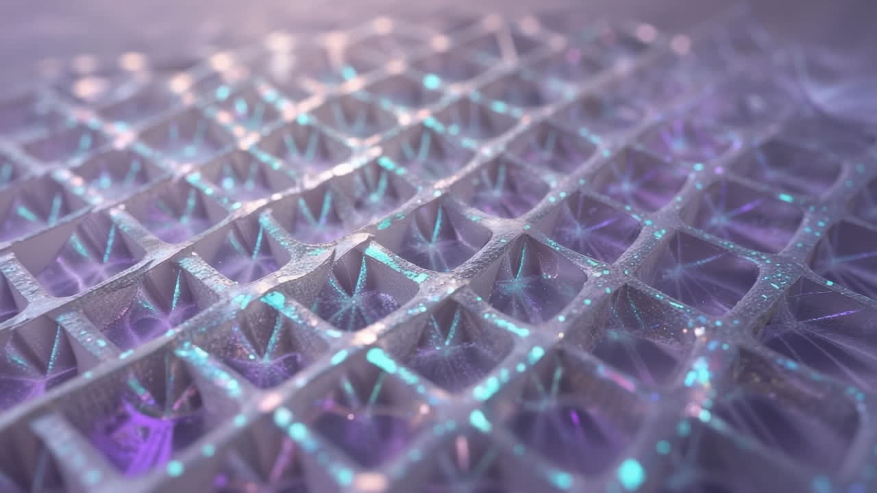 Abstract Iridescent Grid Pattern with Glowing Lights