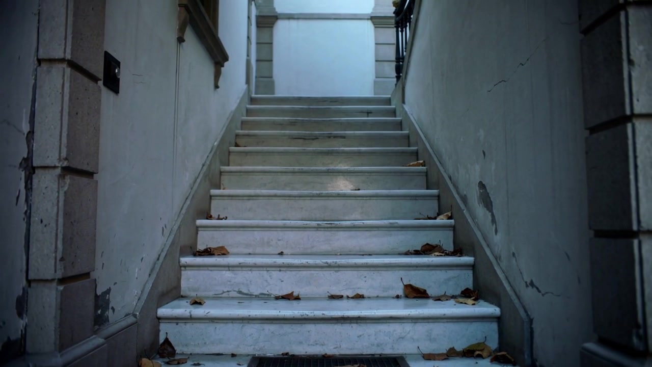 Showing stone steps receiving light shifts at exterior steps, documenting neglected entrance