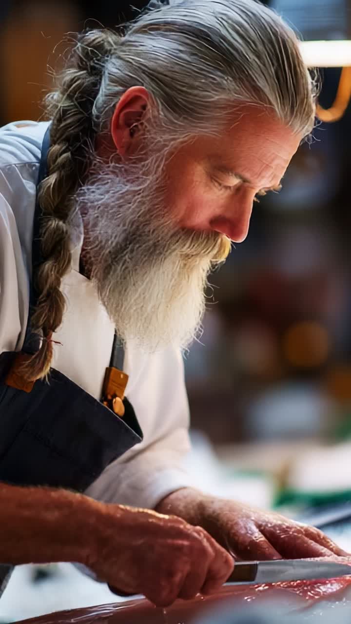 A skilled chef meticulously prepares fish, showcasing expertise and passion for culinary art through focused concentration and attention to detail in the kitchen