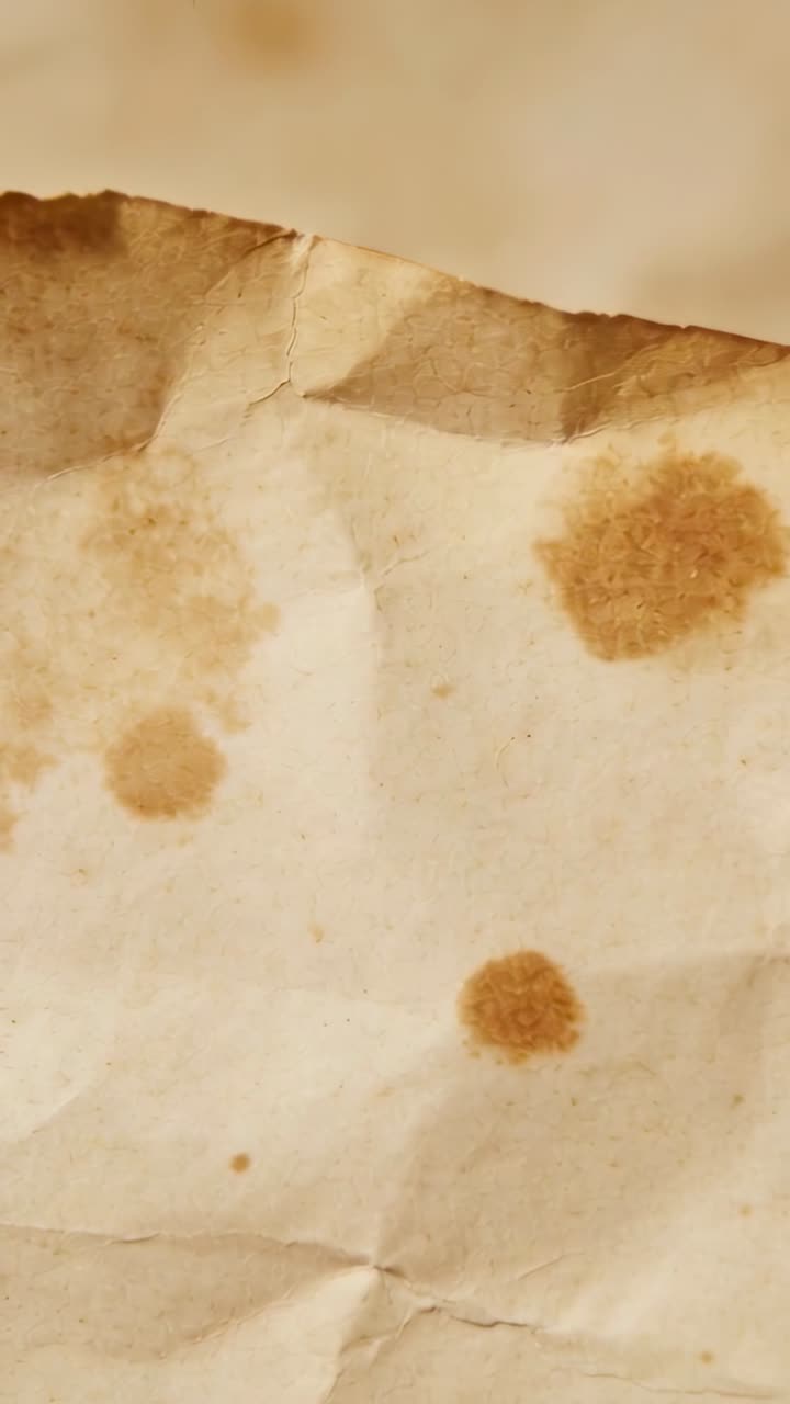 Vertical video: Shifting camera showing aged paper sheet on warm table revealing torn edge, stains