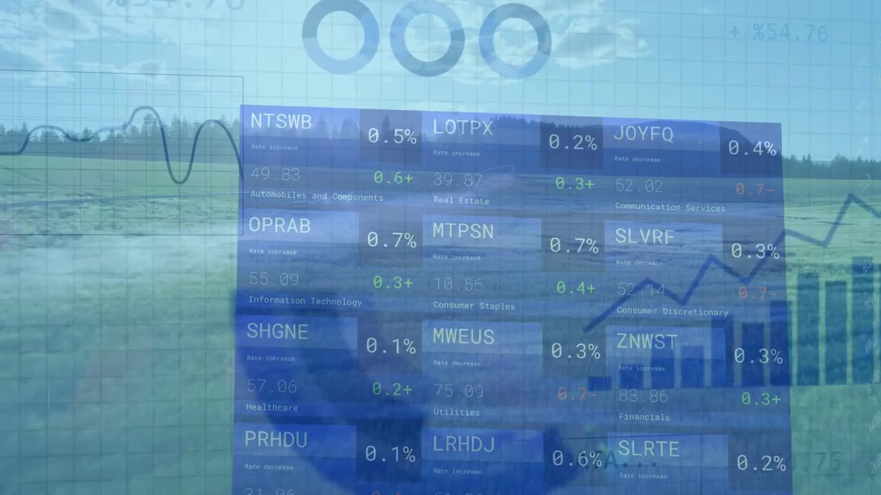 Transparent instrumentpanel visas, flyttas åt höger och roterar medan diagram växer och samlar in data.