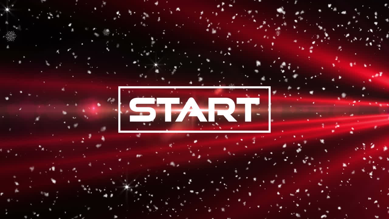 Animation of start text over red light and snow flakes on black background