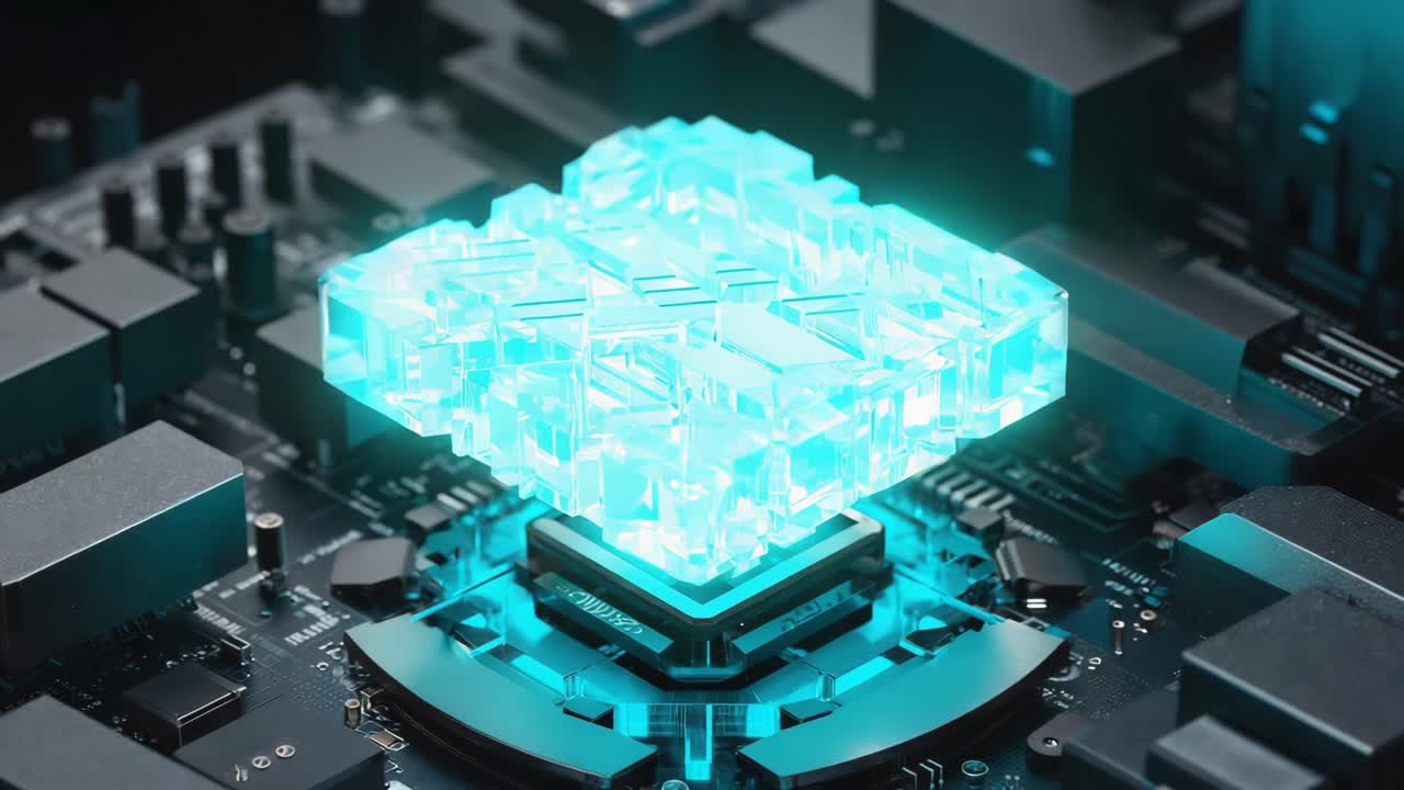 Glowing Futuristic Processor on a Circuit Board