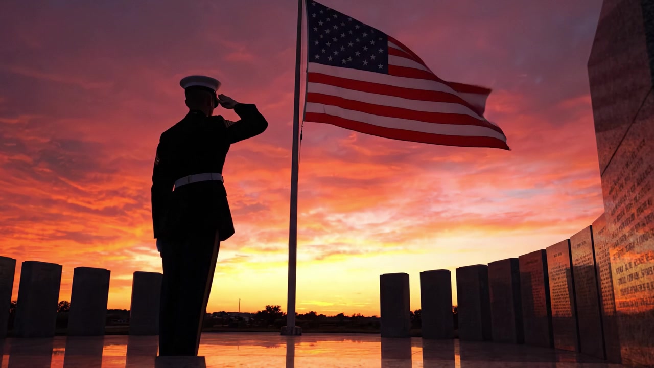 Un Saluto Rispettoso alla Bandiera Americana: Il Tributo di un Marine al Tramonto, Sottolineando Onore e Dovere in un Sereno Momento di Riflessione