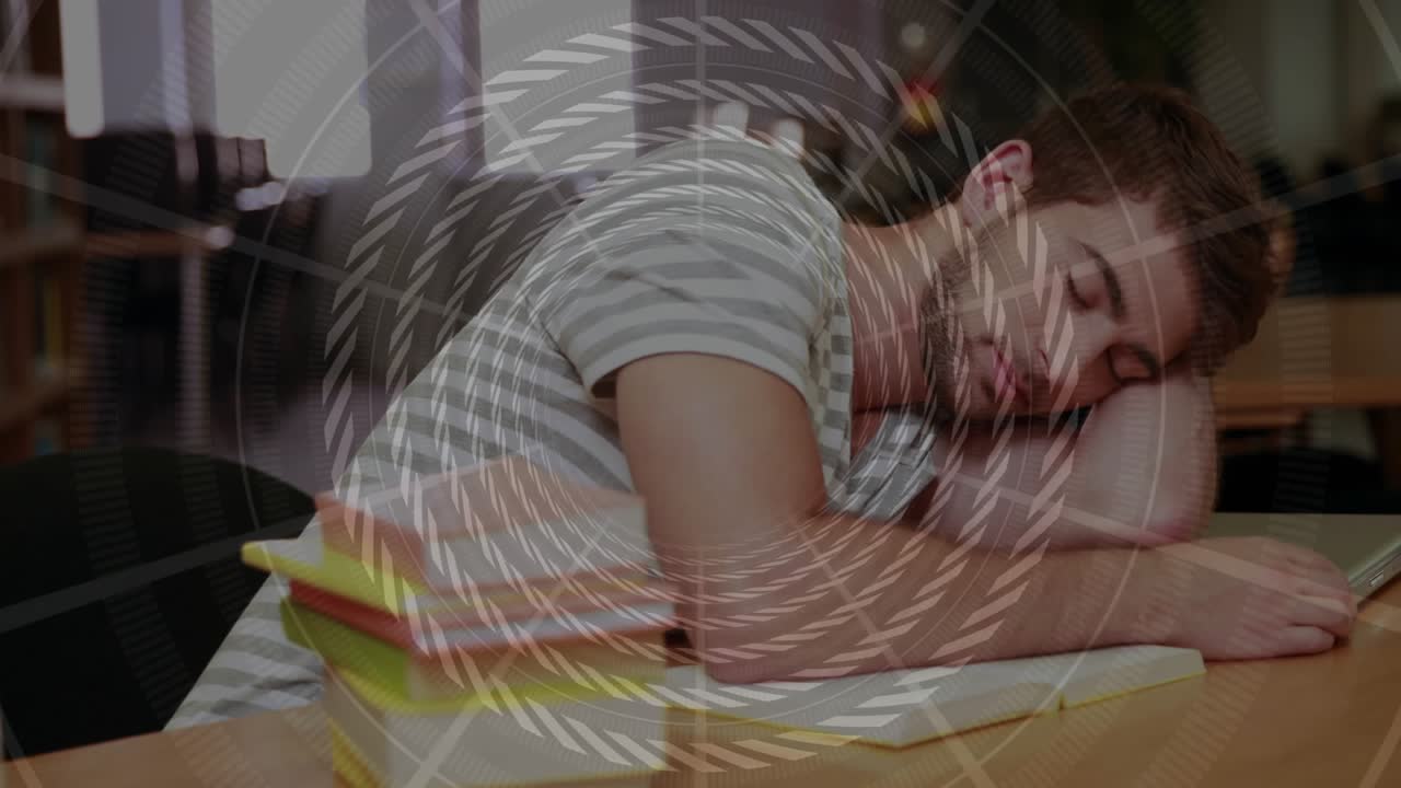 Man lifting head, pushing up, opening book at library table, spiral overlay guiding study focus