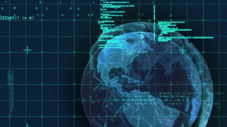 Microprocessor connections over spinning globe and data processing on blue background