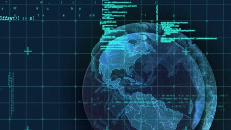 microprocessor connections over spinning globe and data processing on blue background