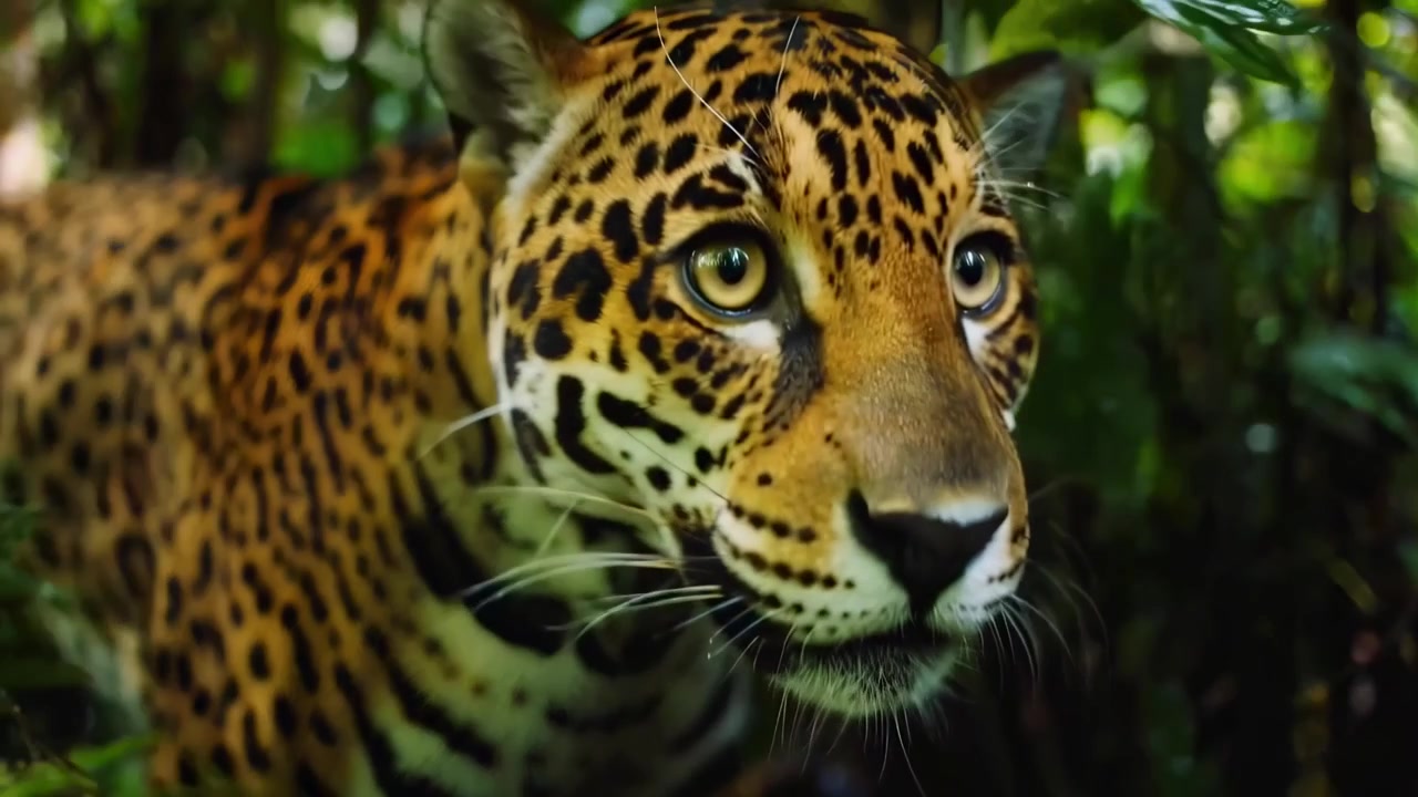 Close-up de uma onça-pintada selvagem espreitando pela densa floresta tropical