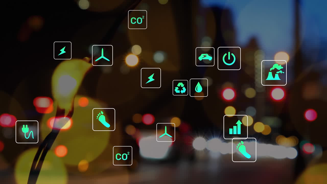 animación de iconos en cuadrados sobre luces de lente contra vehículos en movimiento en la calle de la ciudad.