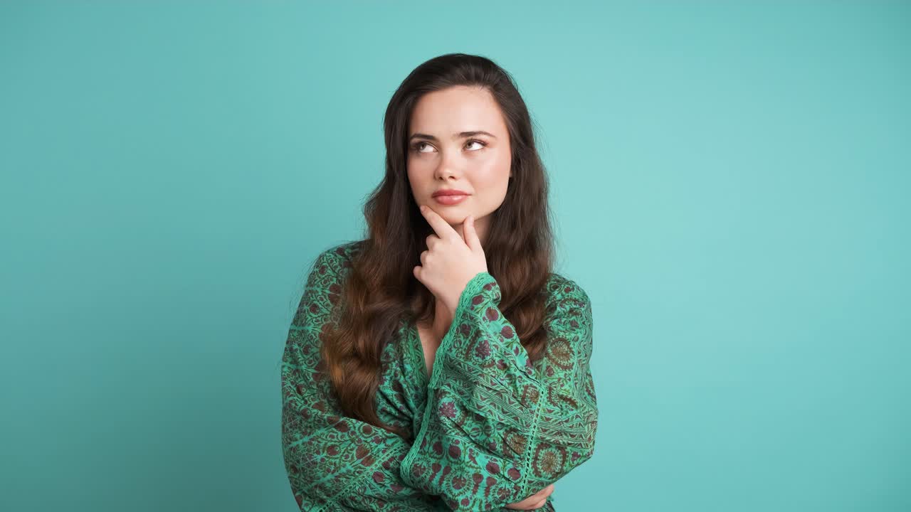 Happy woman looking around with thoughtful expression