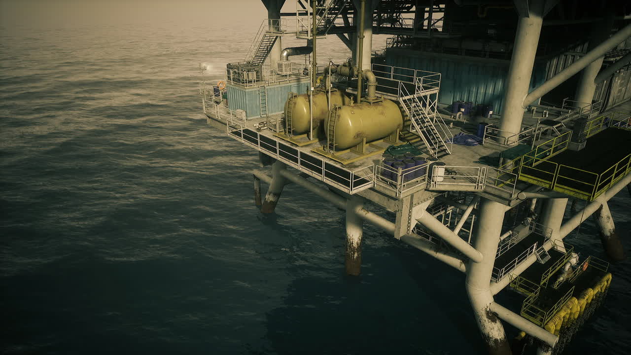 Offshore structure details marine rig showing pipes and bird perches