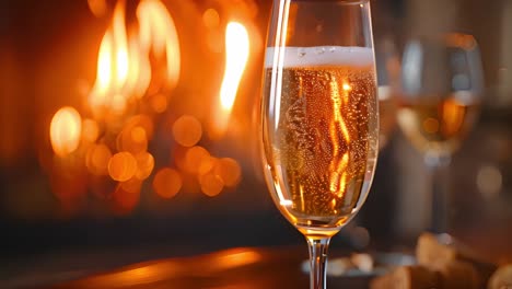 champagne glass in front of a fireplace
