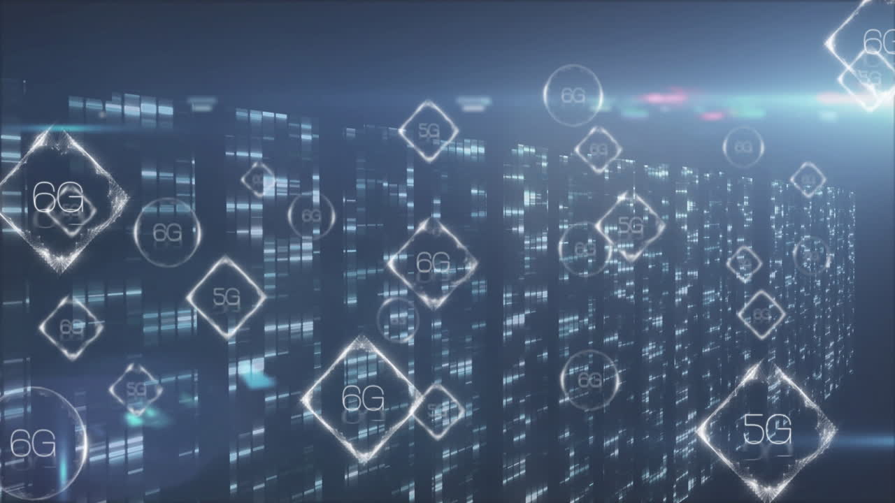 Animation of digital cityscape with 5G and 6G network symbols floating