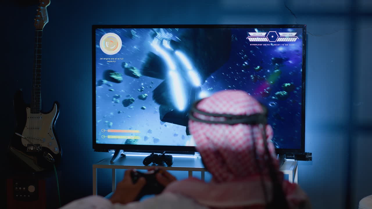 게이머가 sf 비행 비디오 게임을 합니다.