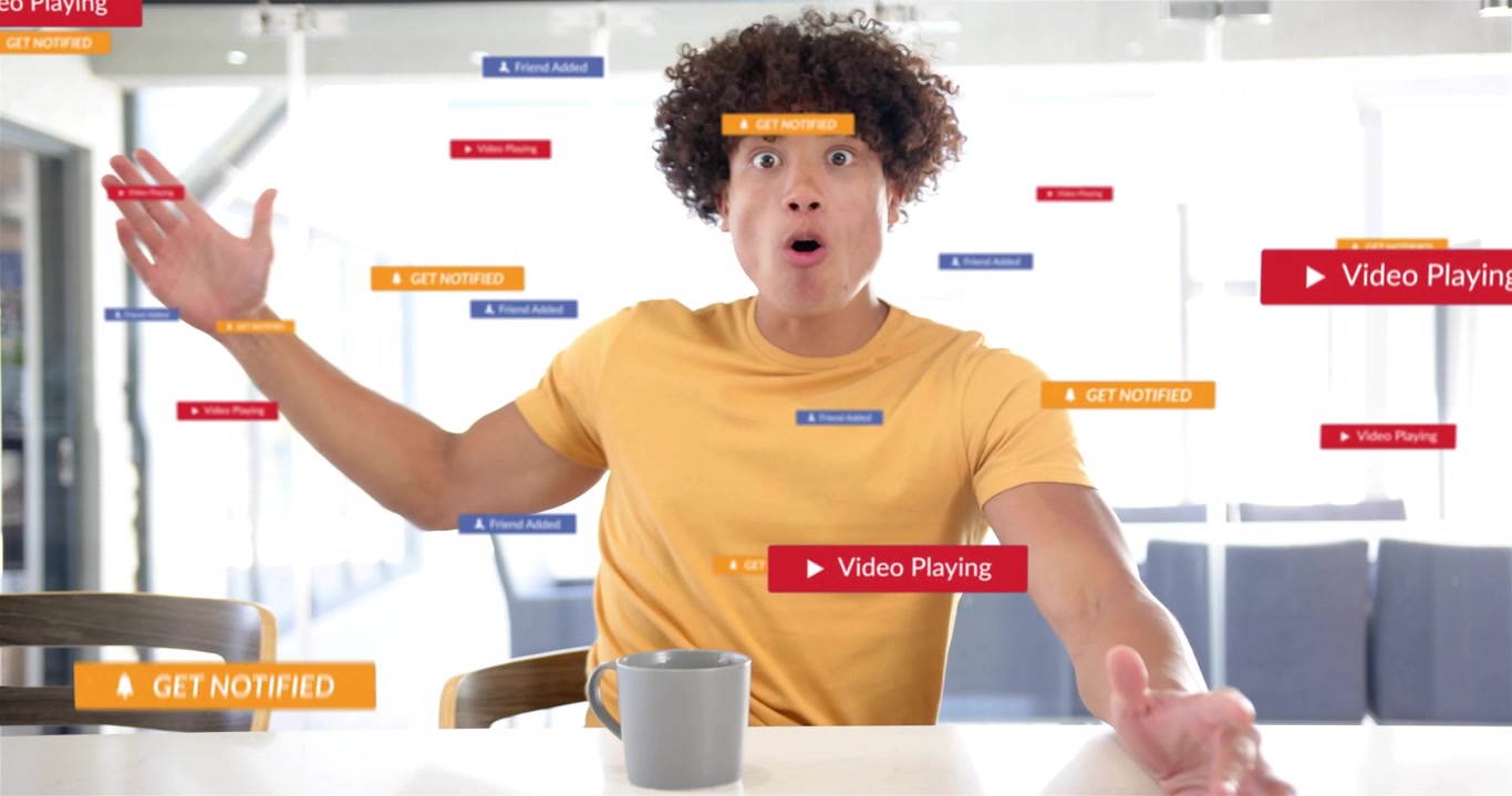 Male host reacting to alerts popping in kitchen mug floating badges around him for social media