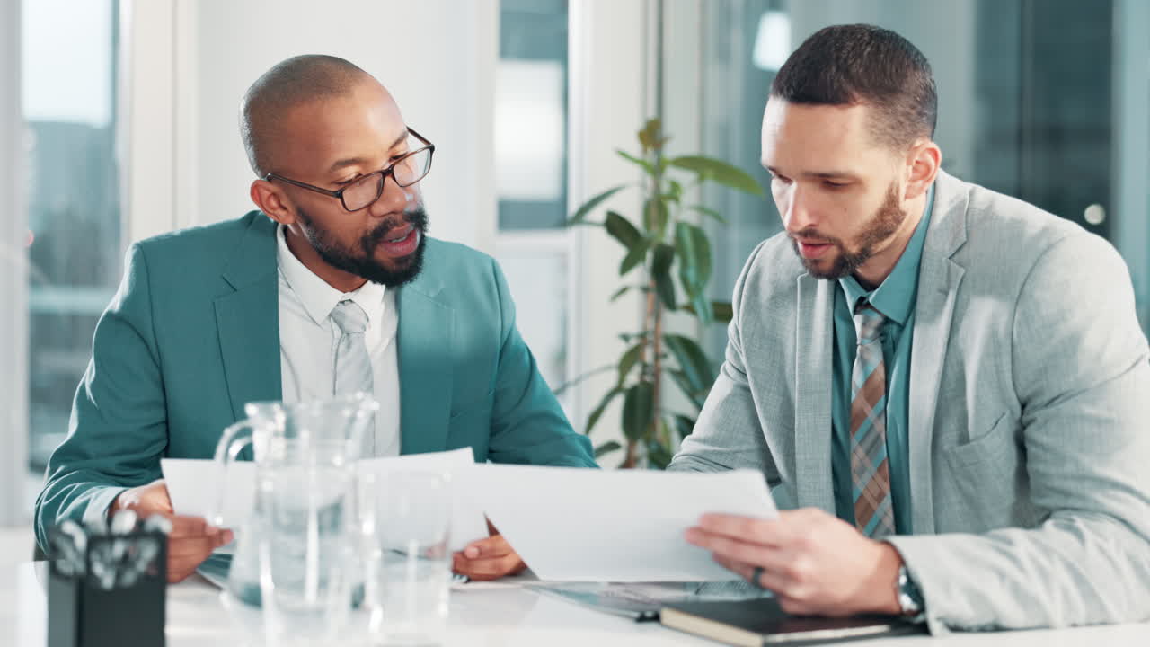 Two businessmen discussing documents in an office meeting