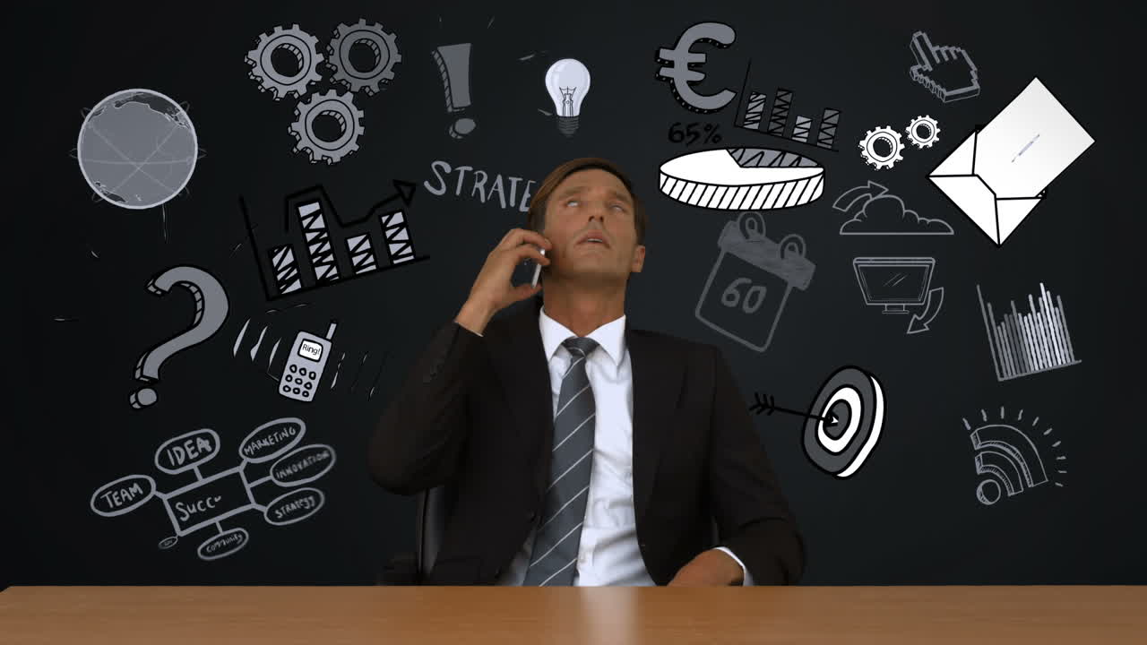 hombre de negocios en una llamada con garabates de negocios apareciendo a su alrededor