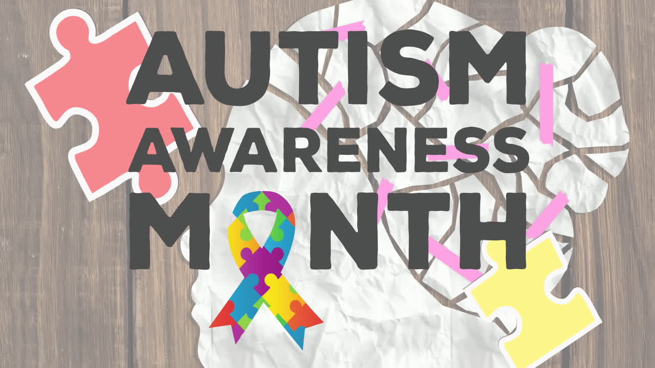 Animazione del testo 'Mese della consapevolezza sull'autismo' su puzzle che formano un nastro e la testa di una donna bianca.