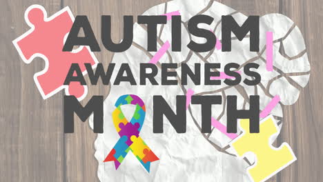 animation of autism awareness month text over puzzles forming ribbon and white woman's head