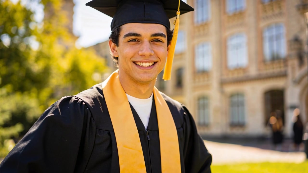Laureato sorridente che si sistema mentre la telecamera inquadra per un ritratto di laurea nel campus, in toga e stola dorata.